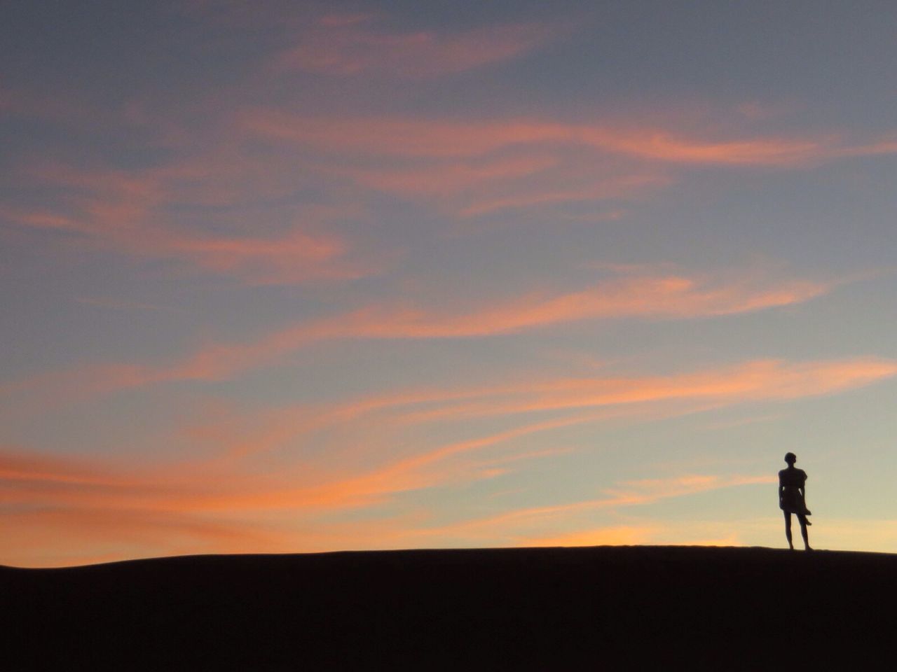 silhouette, sunset, lifestyles, leisure activity, men, sky, standing, full length, tranquil scene, tranquility, beauty in nature, landscape, scenics, nature, orange color, rear view, cloud - sky