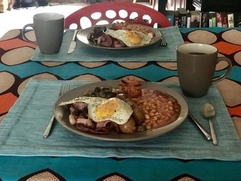 High angle view of breakfast served on table