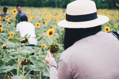 Rear view of man and white flowering plants