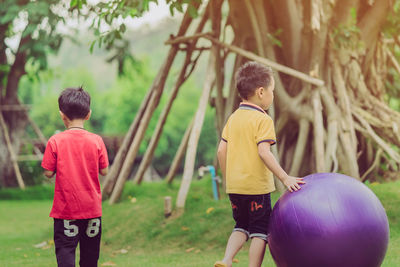 Rear view of children with ball against plants