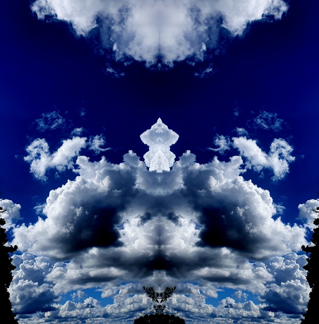 sky, cloud, blue, nature, religion, no people, digital composite, outdoors, spirituality, belief, tree, cloudscape, environment, low angle view