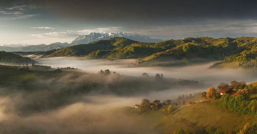 Scenic view of trees and mountains against sky