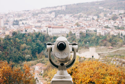 High angle view of binoculars against cityscape