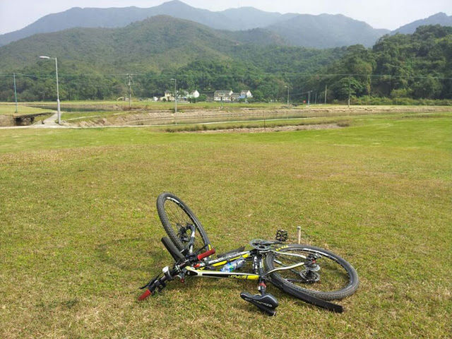 grass, mountain, transportation, mode of transport, bicycle, land vehicle, landscape, field, tranquility, green color, tranquil scene, scenics, grassy, beauty in nature, tree, nature, mountain range, non-urban scene, stationary, travel