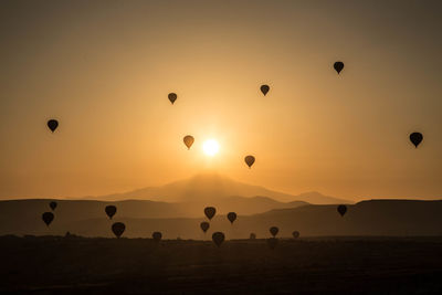 Hot air balloons in sky during sunset