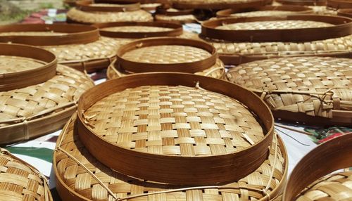 High angle view of wicker basket on table