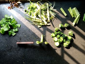 High angle view of chopped vegetables on table