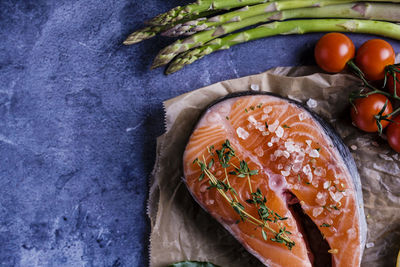 High angle view of fish on table