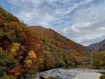Scenic view of mountains against sky during autumn