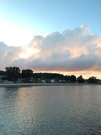 Scenic view of river against sky during sunset