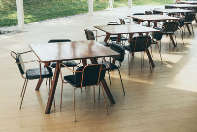 Empty chairs and tables in restaurant