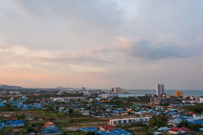 High angle view of townscape against sky during sunset