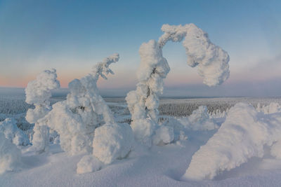 Snow covered land against sky