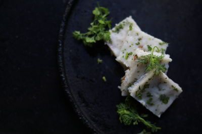 High angle view of food in plate