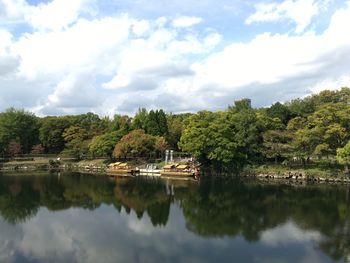 Scenic view of lake by trees against sky