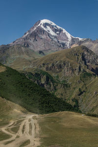 Scenic view of mountains against clear blue sky