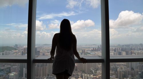 View of cityscape through window