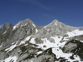 Scenic view of snowcapped mountains against clear blue sky