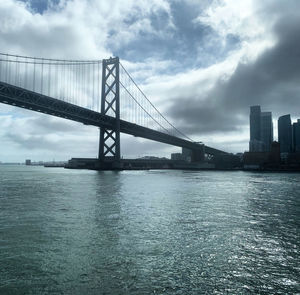 View of suspension bridge over river