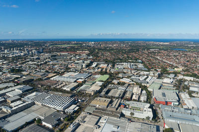 High angle view of buildings against sky in city. aerial cityscape