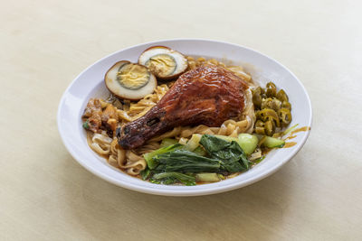 High angle view of meal served on table