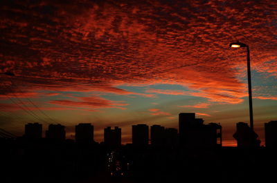 Silhouette of city against cloudy sky at dusk