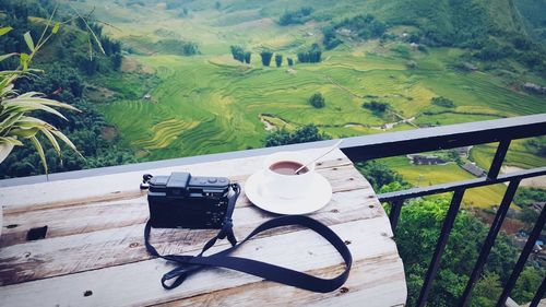 High angle view of table sitting on chair