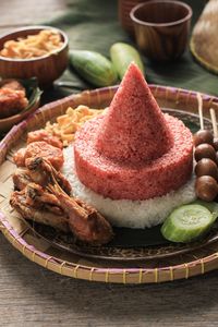 Red and white rice called nasi tumpeng same as indonesian national flag for independence day 