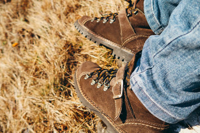 Low section of man wearing shoes standing on grassy land