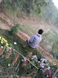 High angle view of man climbing flowers