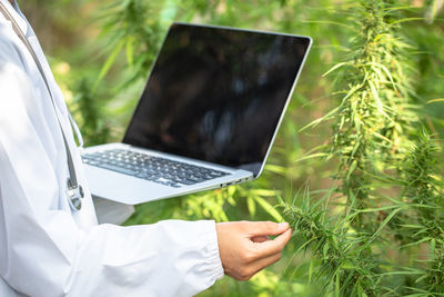Midsection of woman using laptop at farm