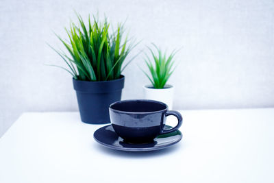 Close-up of coffee cup and potted plant on table