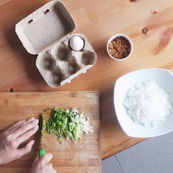 High angle view of food served on table