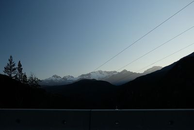 Scenic view of silhouette mountains against clear sky at sunset