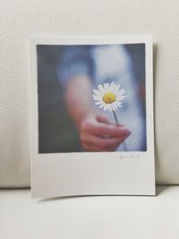 Close-up of hand holding mobile phone against white wall