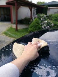 Close-up of hand holding sponge to do car washing in garden