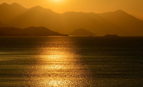 Scenic view of beach against sky during sunset