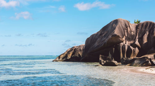 Rock formation by sea against sky