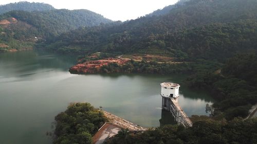 High angle view of lake and mountains