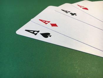 Close-up of ace cards on table