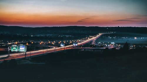 High angle view of city street at night