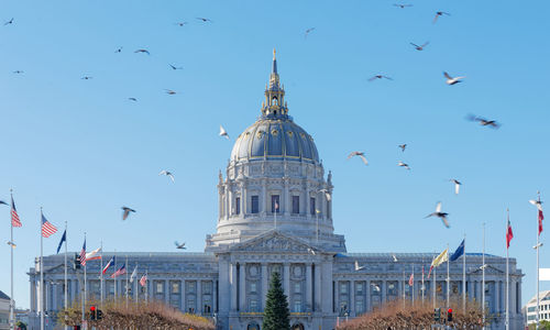 Flock of birds flying over church against sky