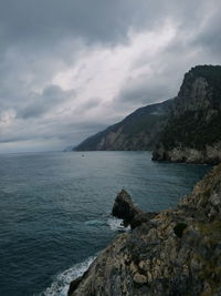 Scenic view of sea and mountains against sky