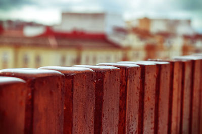 Close-up of metal railing on table