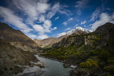 Scenic view of lake by mountains against sky