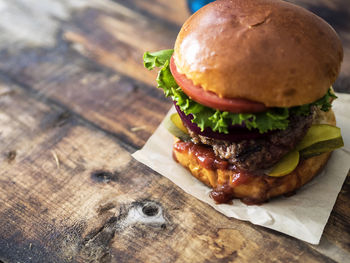 Close-up of burger on table