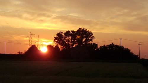 Silhouette trees on landscape against sky during sunset