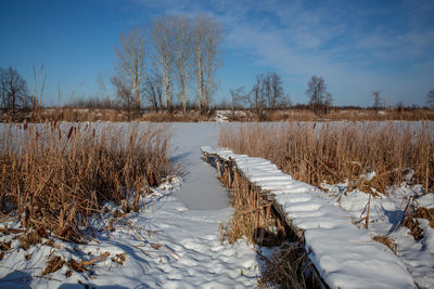 Scenic view of snowy field against sky during winter