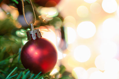 Close-up of christmas decorations hanging on tree