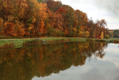 Reflection of trees in lake against sky during autumn
